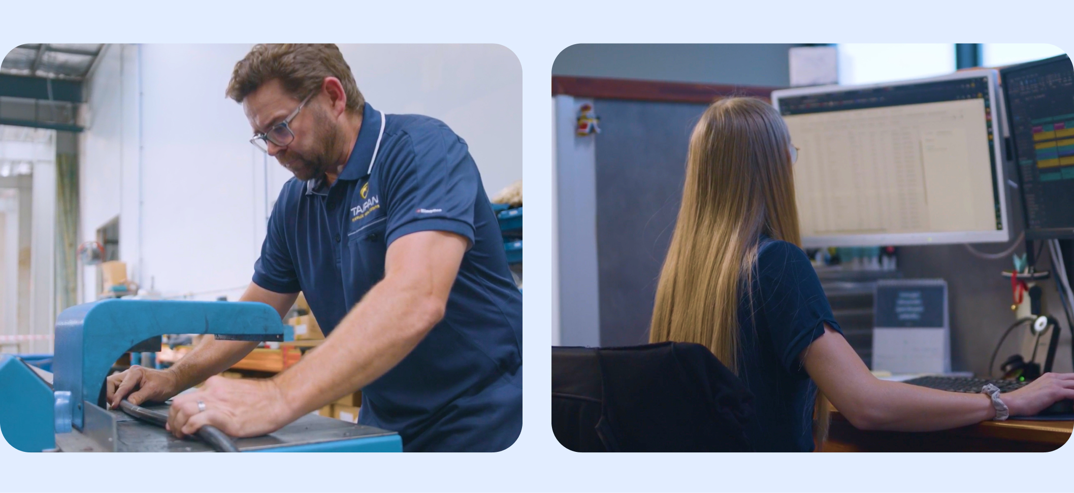 Two images of Taipan employees in a warehouse and at a desk