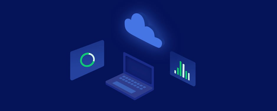 Graphic of a laptop, cloud and graphs swirling on a dark blue background.