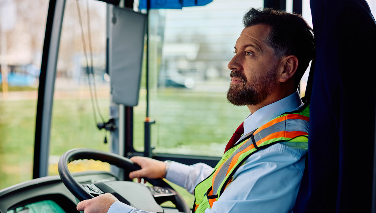 Bus driver wearing a seat belt