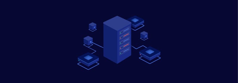 Graphic of a server with many computers connected to it