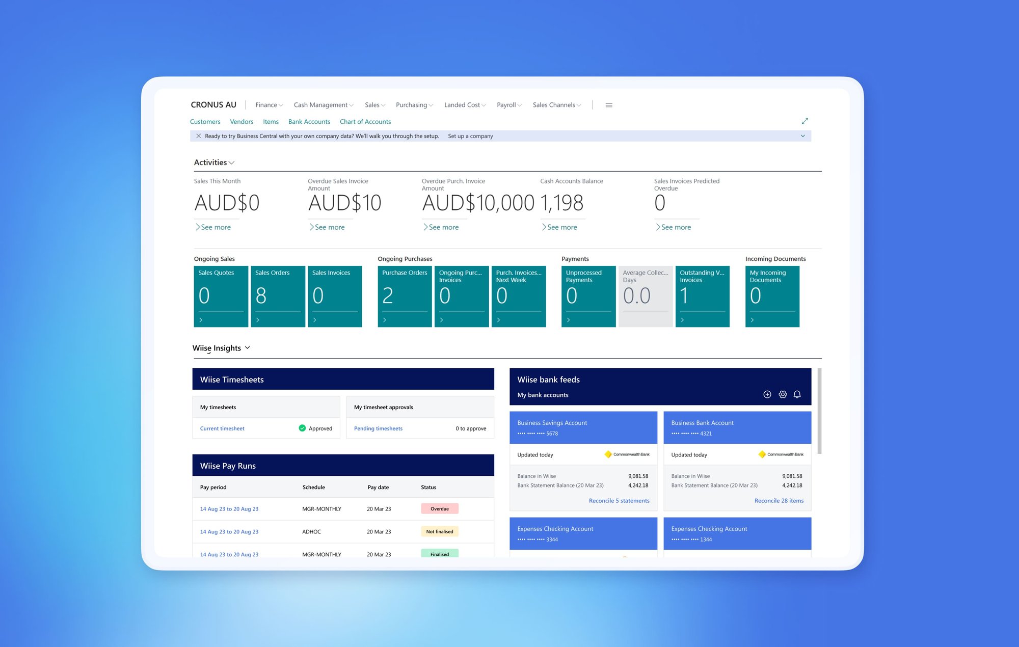 Wiise bank feeds and time sheets