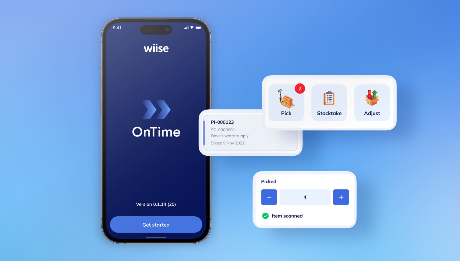 Wiise OnTime app with app features displayed next to it